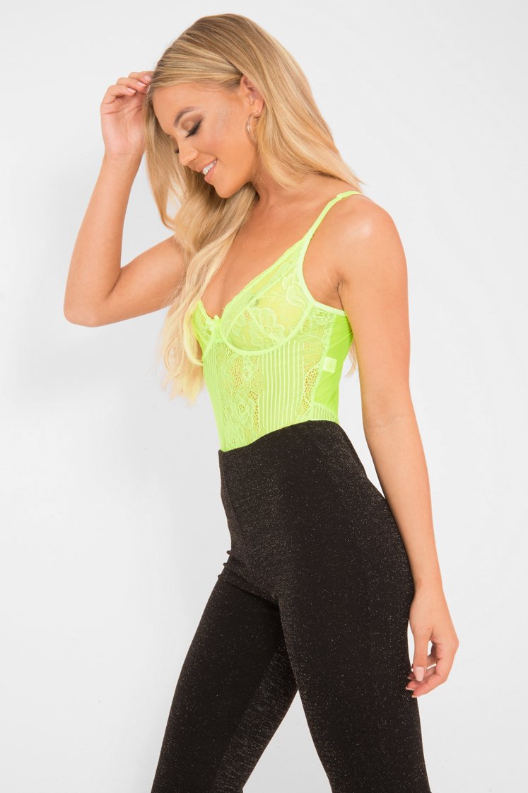 Lime Green Sheer Lace Bodysuit - Katia-Bodysuits