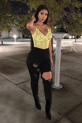 Lime Green Sheer Lace Bodysuit - Katia-Bodysuits