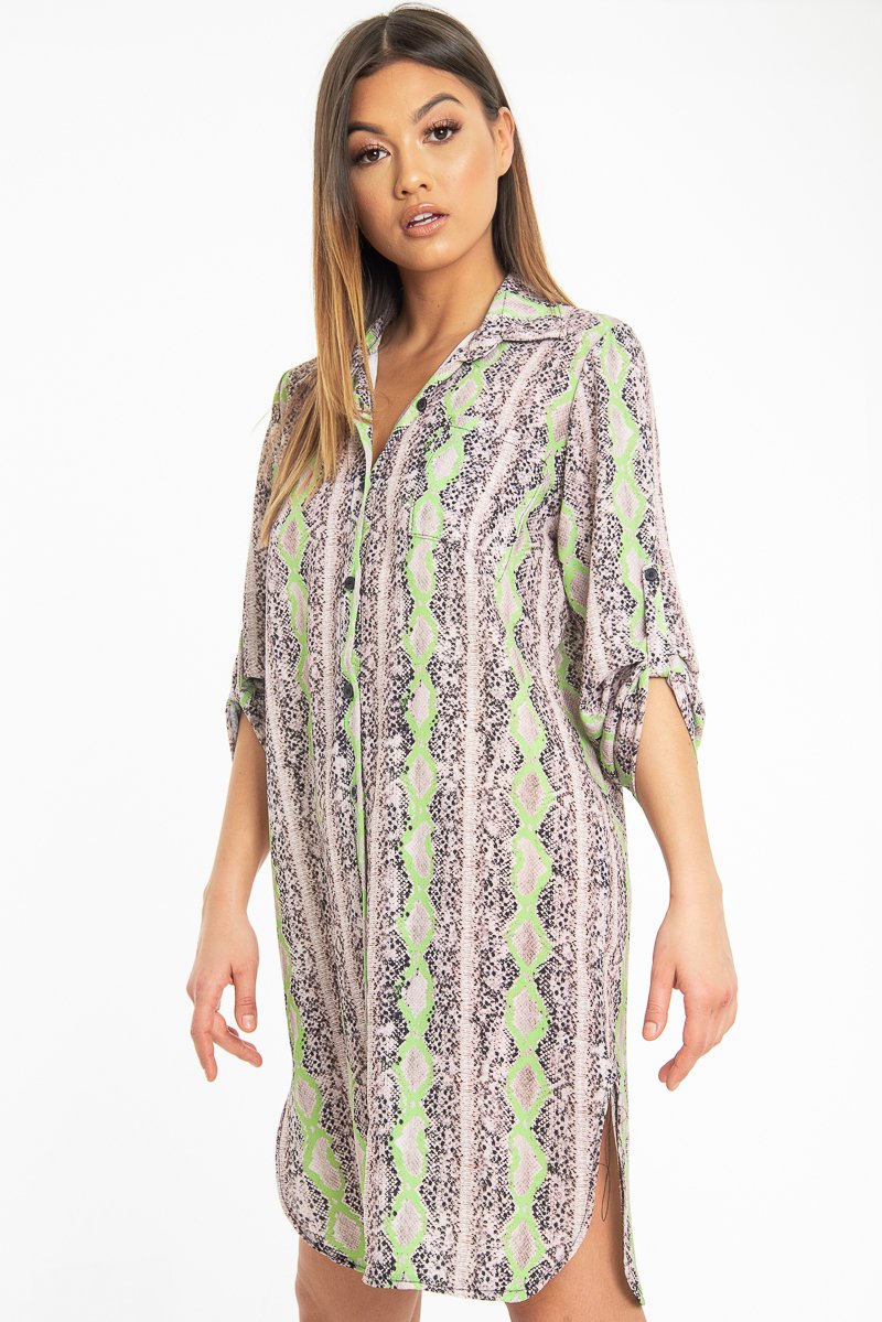 green snake print shirt dress Mango green snake print mini shirt dress