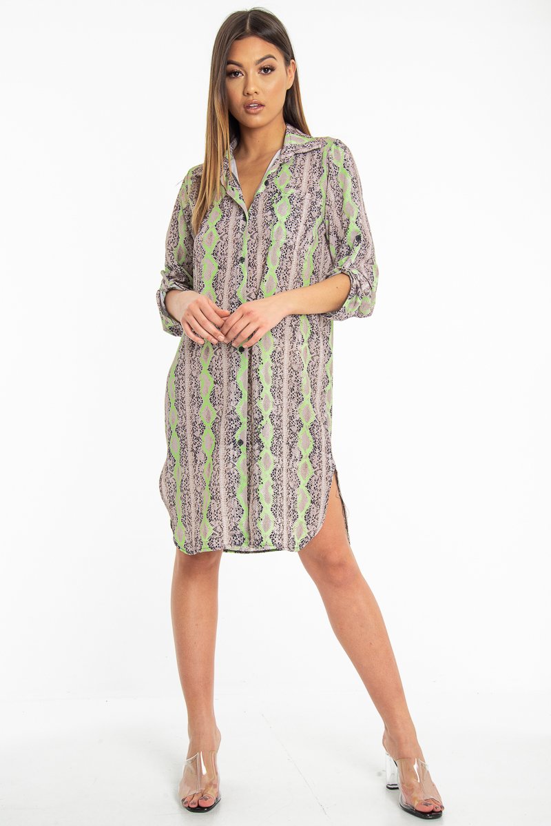 Lime Green Snake Print Oversized Shirt Dress - Joselynn-Dresses