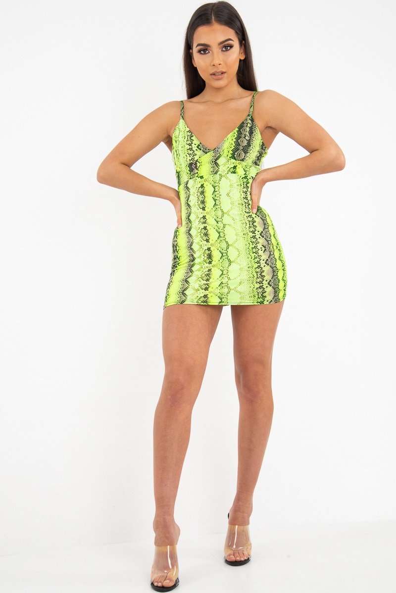 Lime Green Snake Print Strappy Plunge Bodycon Dress - Gilia Rebellious Fashion Lime Green Snake Print Strappy Plunge Bodycon Dress - Gilia Rebellious Fashion