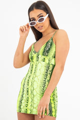 Lime Green Snake Print Strappy Plunge Bodycon Dress - Gilia-Dresses