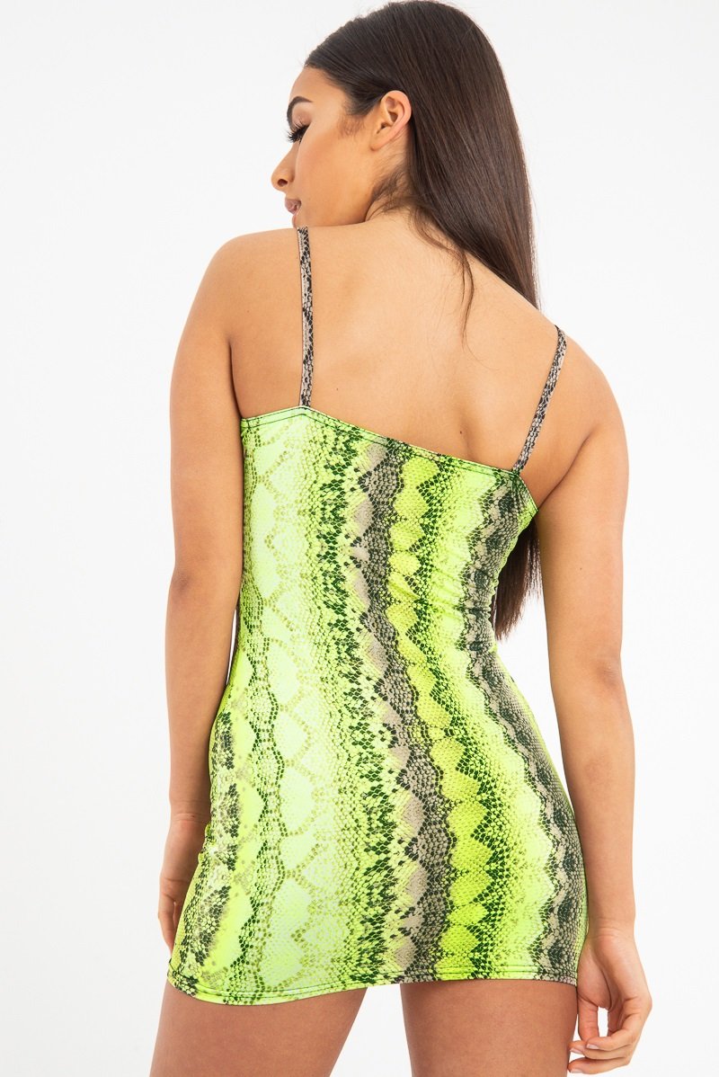 Lime Green Snake Print Strappy Plunge Bodycon Dress - Gilia Rebellious Fashion Lime Green Snake Print Strappy Plunge Bodycon Dress - Gilia Rebellious Fashion