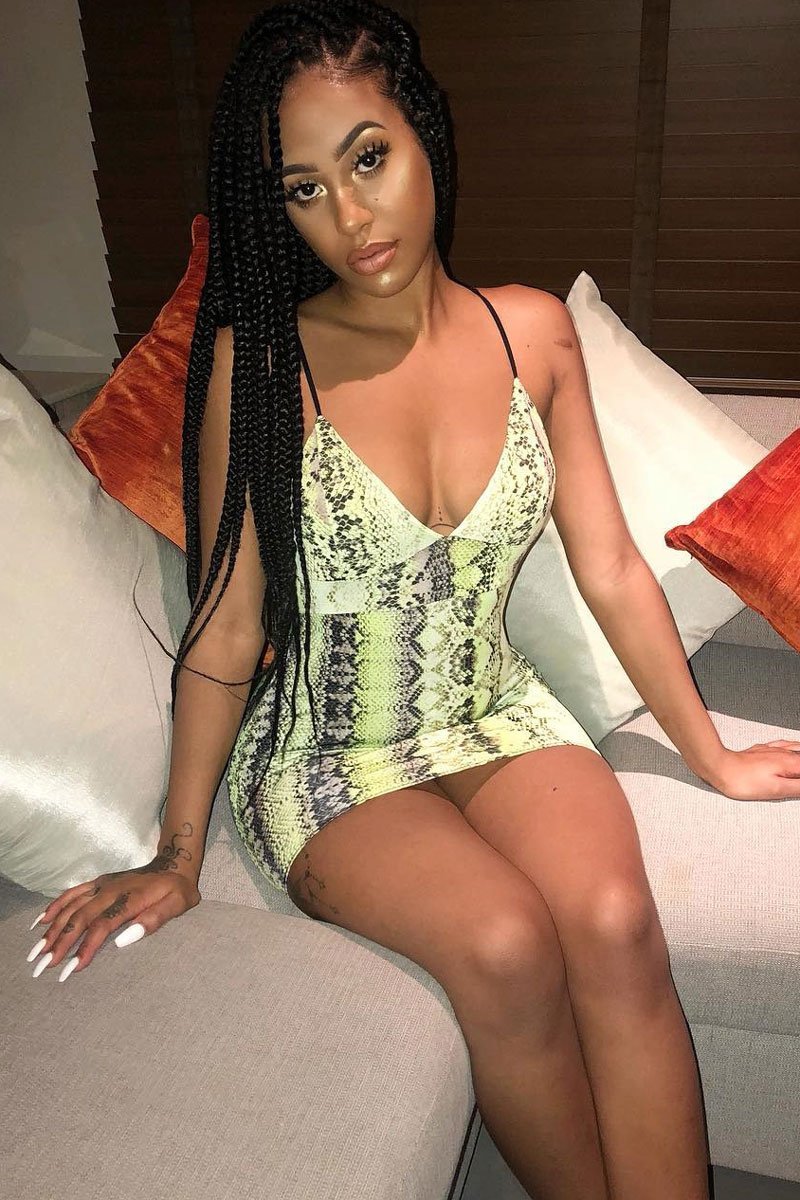Lime Green Snake Print Strappy Plunge Bodycon Dress - Gilia Rebellious Fashion Lime Green Snake Print Strappy Plunge Bodycon Dress - Gilia Rebellious Fashion