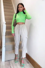 Lime Half Zip Rib Crop Jumper - Elisea-Crop Jumper
