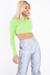 Lime Half Zip Rib Crop Jumper - Elisea-Crop Jumper