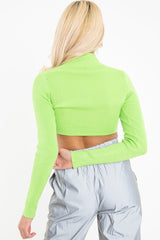 Lime Half Zip Rib Crop Jumper - Elisea-Crop Jumper