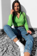 Lime Half Zip Rib Crop Jumper - Elisea-Crop Jumper