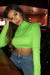 Lime Half Zip Rib Crop Jumper - Elisea-Crop Jumper