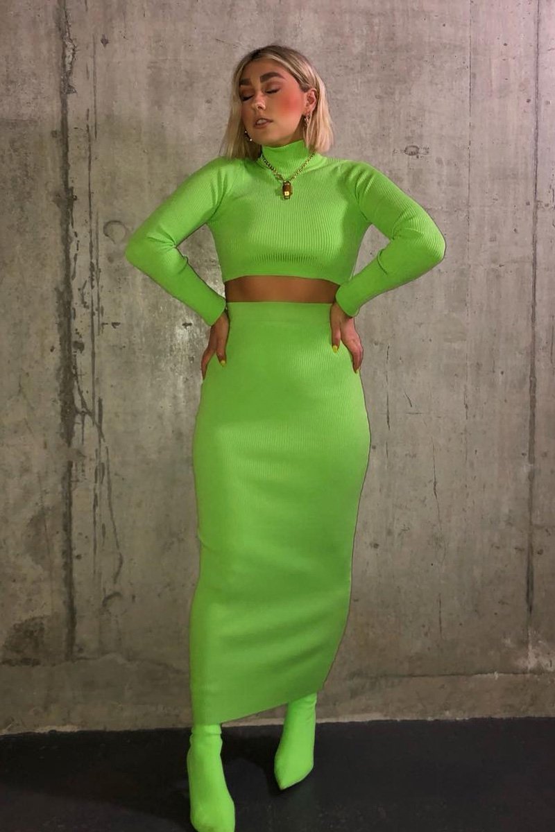 Lime High Neck Rib Knit Crop Jumper - Emogene-Crop Jumper