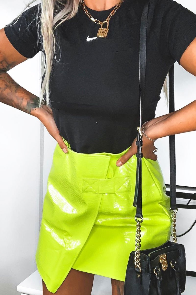 Lime PU Faux Croc Wrap Over Skirt - Enessa-Skirts