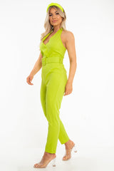 Lime Plunge Front Belted Jumpsuit - Mykel-Jumpsuits