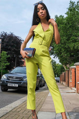 Lime Plunge Front Belted Jumpsuit - Mykel-Jumpsuits