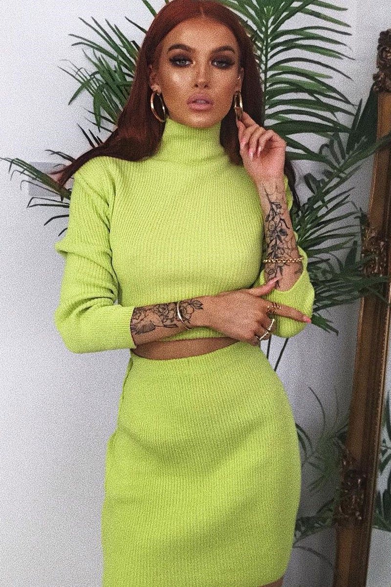 Lime Rib Knit Crop Jumper Mini Skirt Co-Ord - Katie-Co-ords