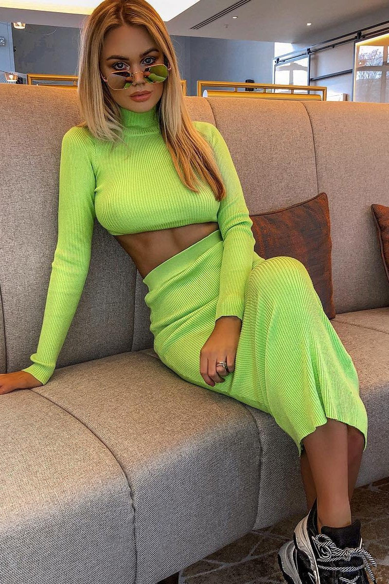 Lime Rib Knitted Midi Skirt - Kloey-Skirts