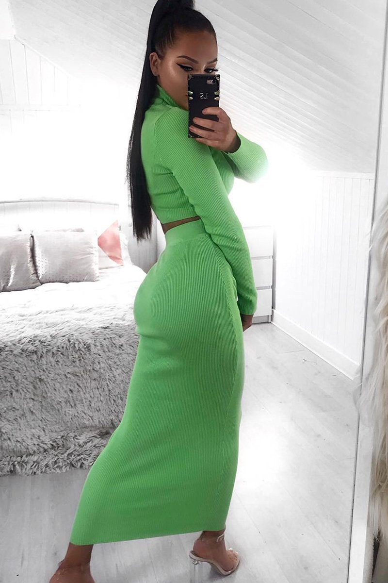 Lime Rib Knitted Midi Skirt - Kloey-Skirts