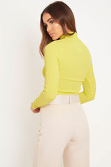 Lime Rib Roll Neck Long Sleeve Top - Marci-Tops