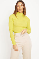 Lime Rib Roll Neck Long Sleeve Top - Marci-Tops