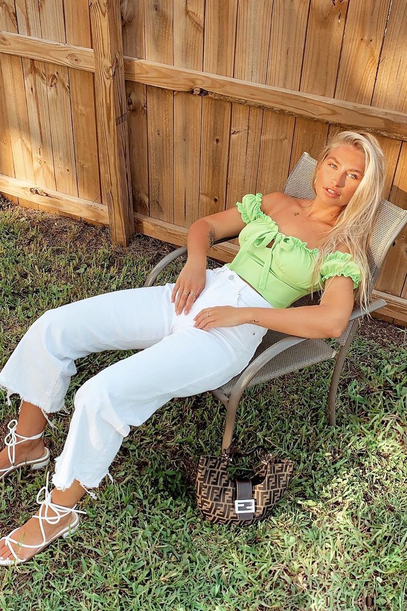 Lime Ruffle Tie Front Bardot Crop Top - Pandora-Crop Tops