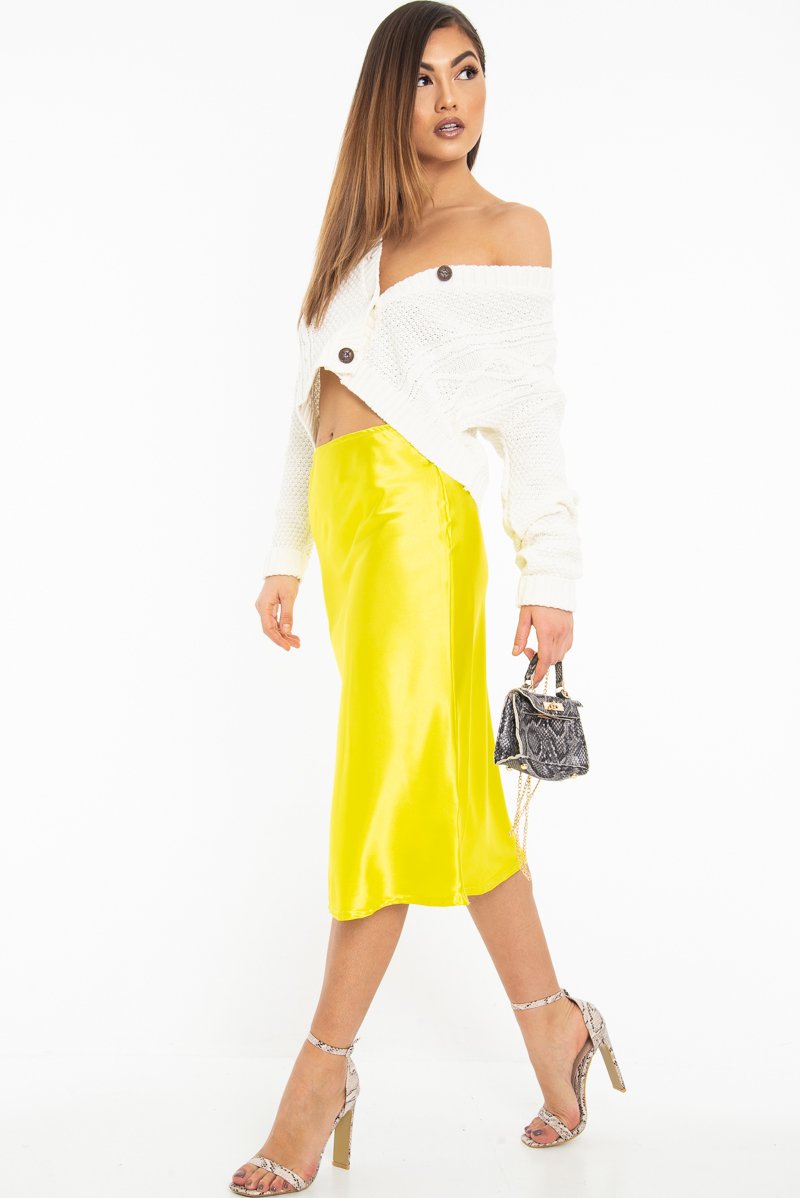 Lime Satin High Waist Floaty Midi Skirt - Dasha-Skirts