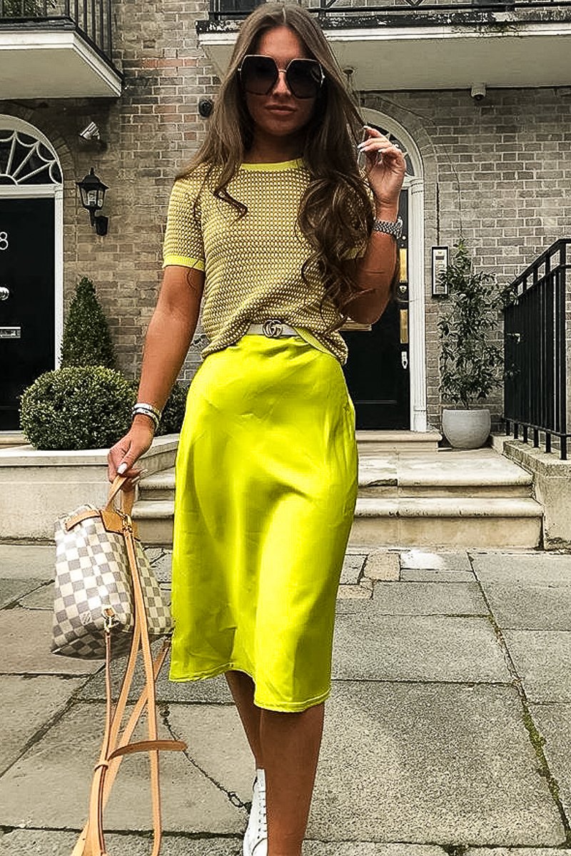 Lime Satin High Waist Floaty Midi Skirt - Dasha-Skirts