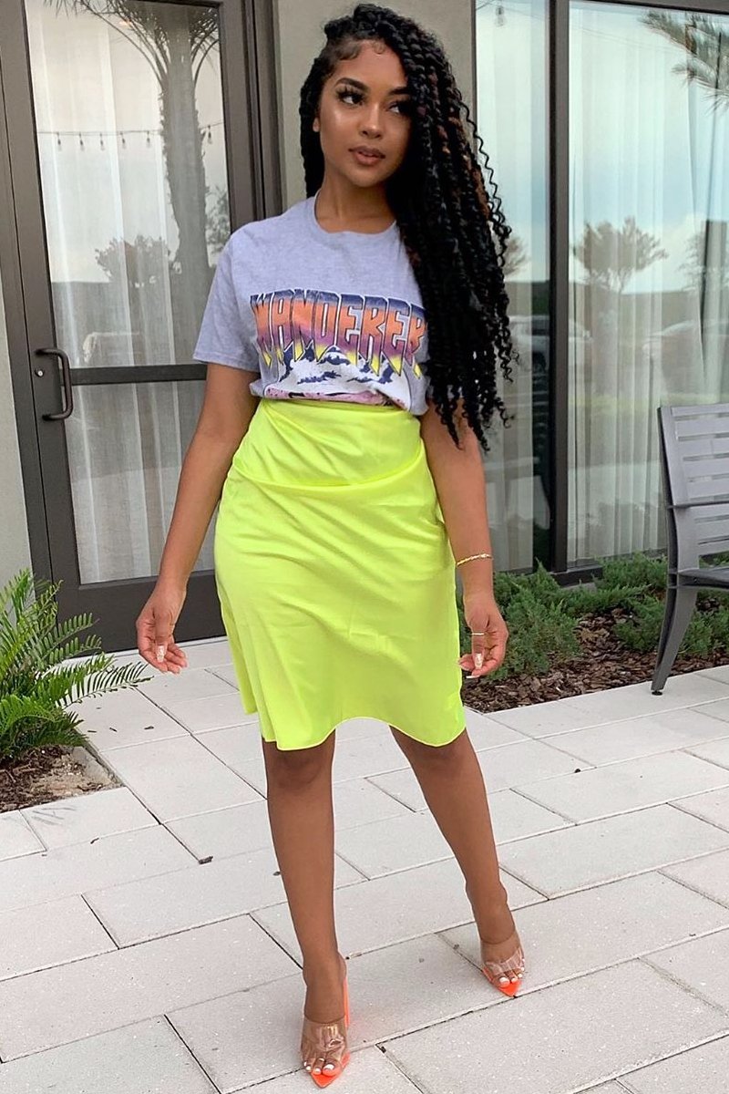 Lime Satin High Waist Floaty Midi Skirt - Dasha-Skirts
