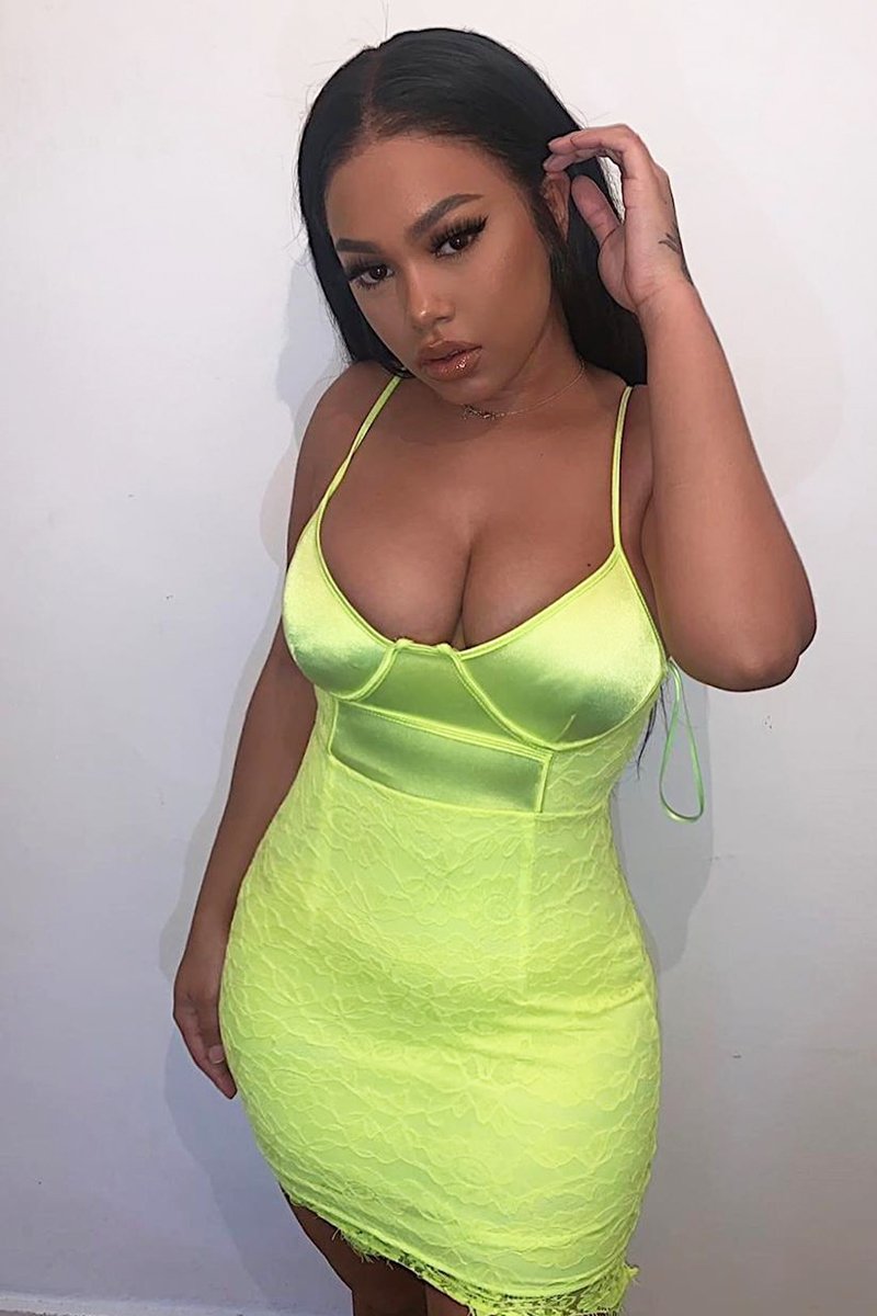 Lime Satin Lace Insert Bodycon Mini Dress - Cashlyn-Dresses