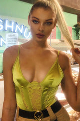 Lime Satin Lace Plunge Bodysuit - Zaida-Bodysuits