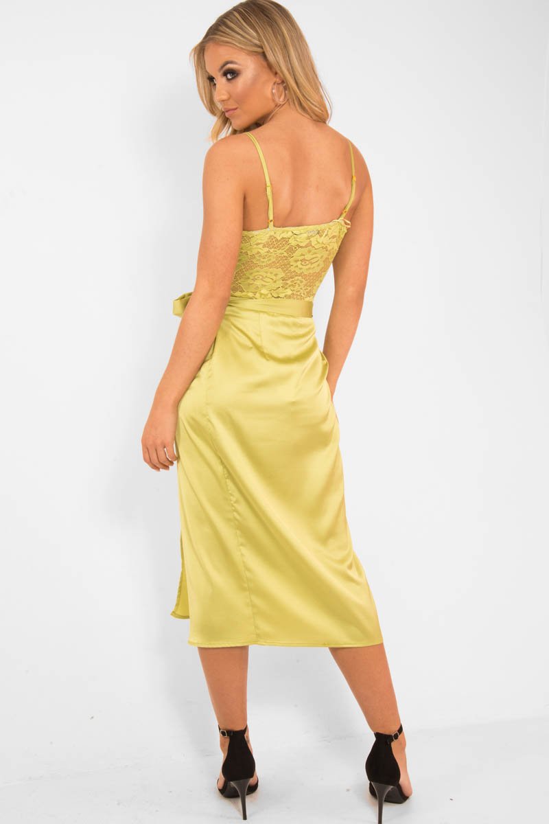 Lime Satin Lace Plunge Bodysuit - Zaida-Bodysuits