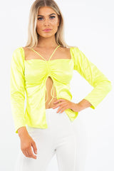 Lime Satin Ruched Tie Detail Top - Malika-Tops