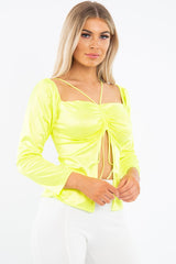 Lime Satin Ruched Tie Detail Top - Malika-Tops