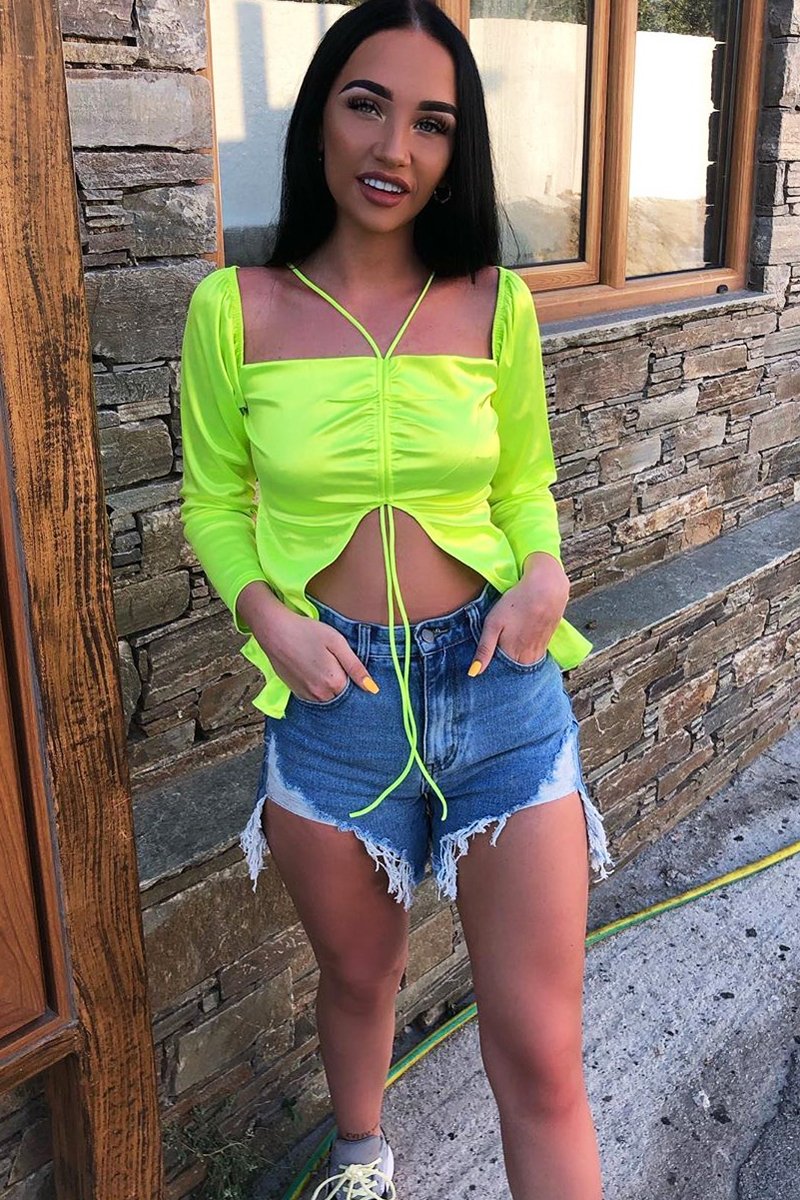 Lime Satin Ruched Tie Detail Top - Malika-Tops
