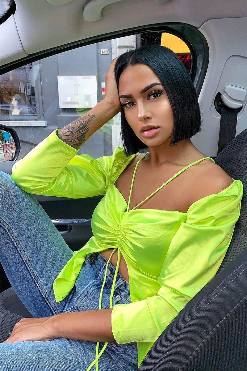 Lime Satin Ruched Tie Detail Top - Malika-Tops