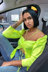 Lime Satin Ruched Tie Detail Top - Malika-Tops