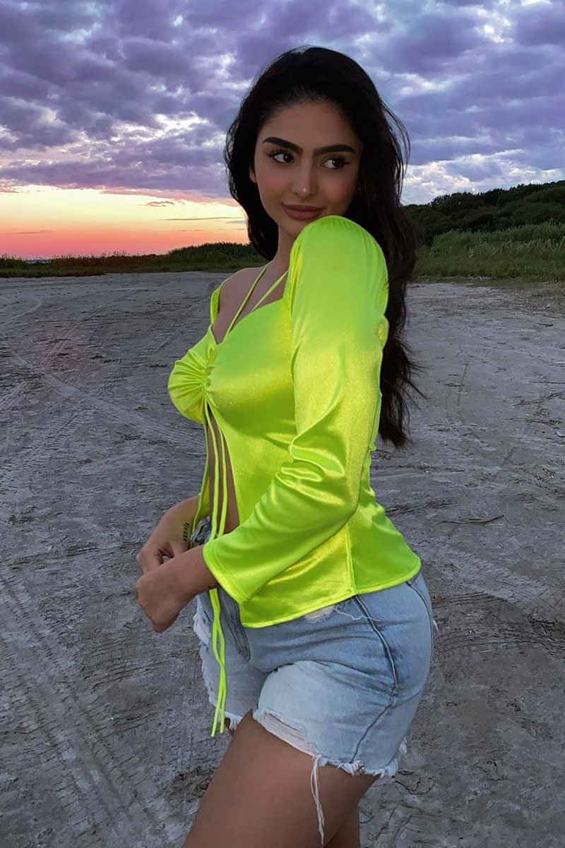 Lime Satin Ruched Tie Detail Top - Malika-Tops