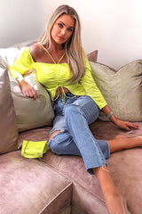 Lime Satin Ruched Tie Detail Top - Malika-Tops