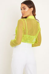 Lime Sheer Button Front Crop Blouse - Damari-Tops
