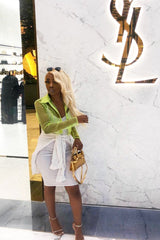 Lime Sheer Button Front Crop Blouse - Damari-Tops