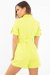 Lime Short Sleeve Button Front Resin Belted Playsuit - Caasi-Playsuits