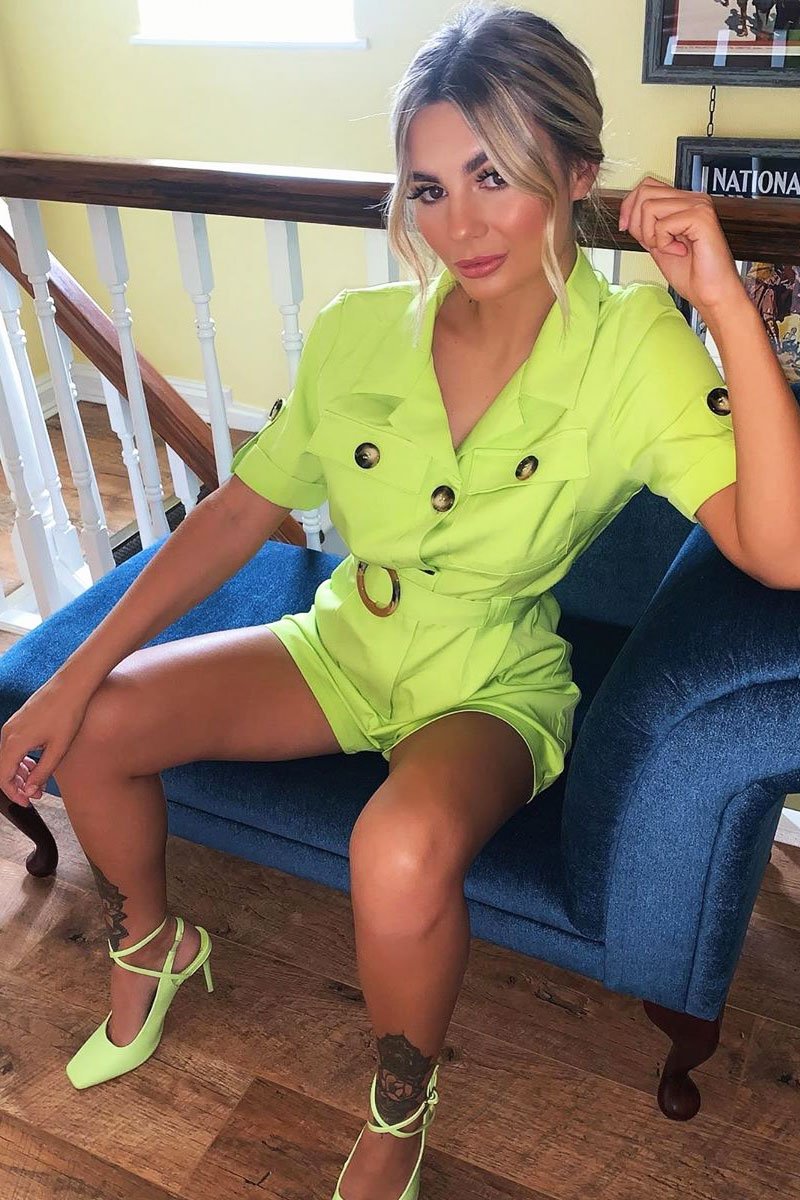 Lime Short Sleeve Button Front Resin Belted Playsuit - Caasi-Playsuits