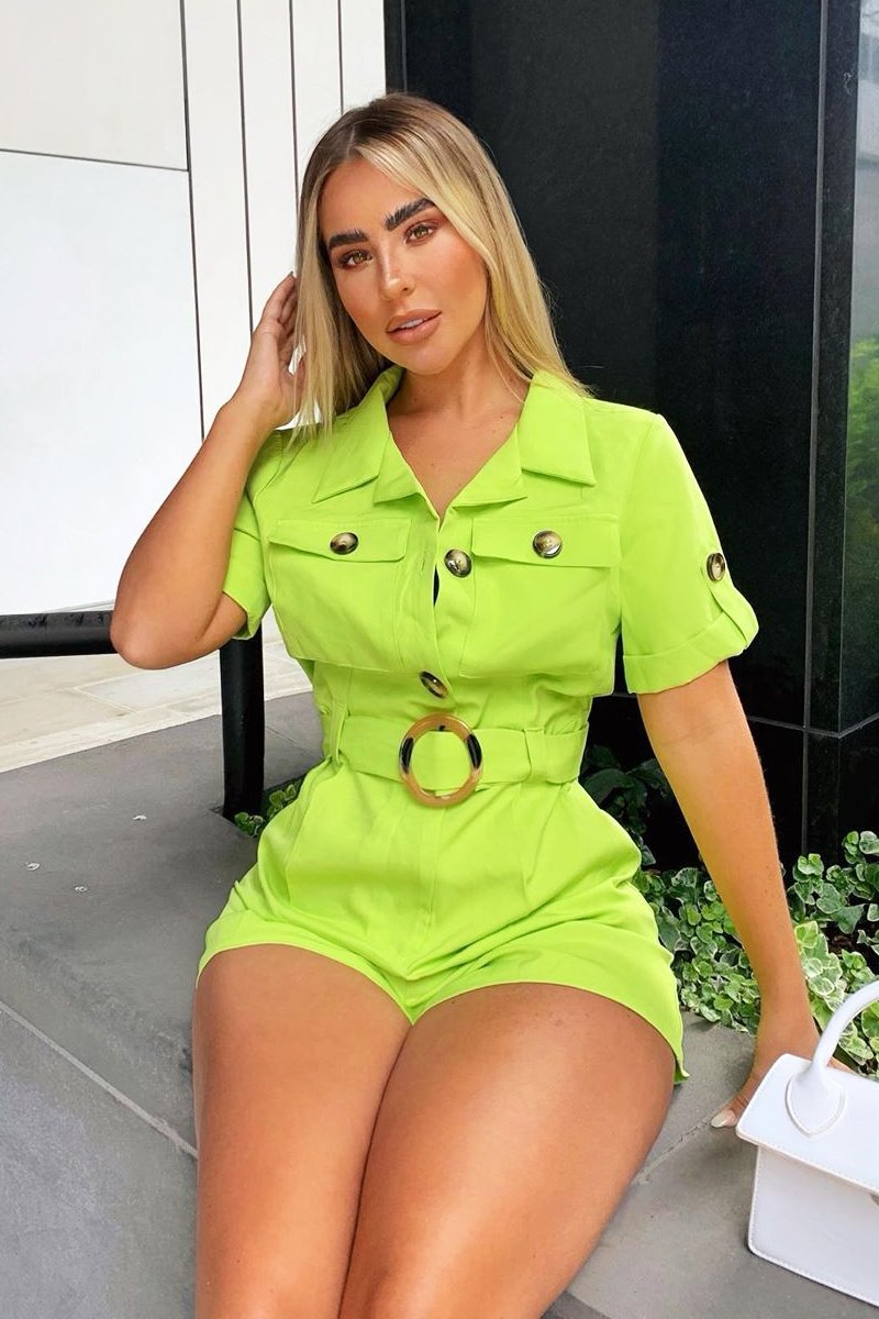Lime Short Sleeve Button Front Resin Belted Playsuit - Caasi-Playsuits