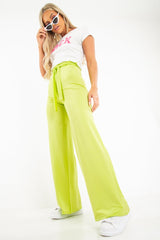 Lime Slinky Tie Detail Wide Leg Trousers - Jenelle-Trousers