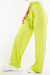 Lime Slinky Tie Detail Wide Leg Trousers - Jenelle-Trousers