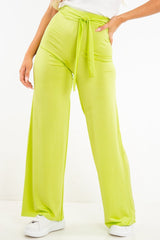 Lime Slinky Tie Detail Wide Leg Trousers - Jenelle-Trousers