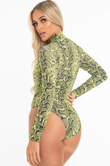 Lime Snake Print High Neck Long Sleeve Bodysuit - Evanna-Bodysuits