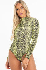 Lime Snake Print High Neck Long Sleeve Bodysuit - Evanna-Bodysuits