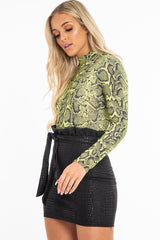 Lime Snake Print High Neck Long Sleeve Bodysuit - Evanna-Bodysuits