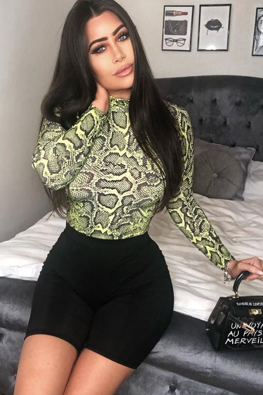 Lime Snake Print High Neck Long Sleeve Bodysuit - Evanna