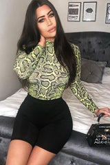Lime Snake Print High Neck Long Sleeve Bodysuit - Evanna-Bodysuits