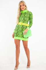Lime Snake Print Roll Neck Mini Jumper Dress - Azani-Dresses